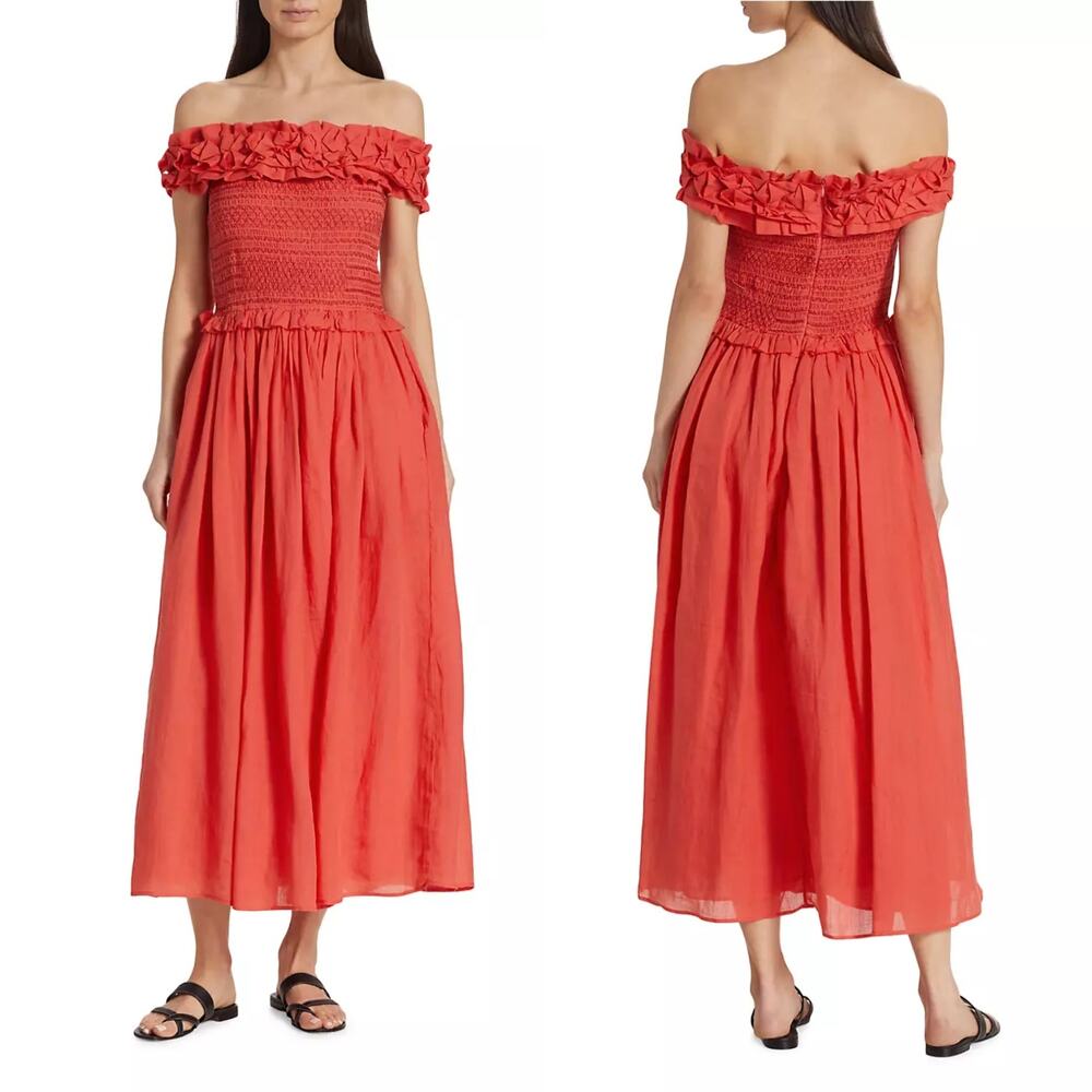 SEA New York Frida Off The Shoulder Smocked Midi Dress Coral Poppy XXS - Picture 3 of 14